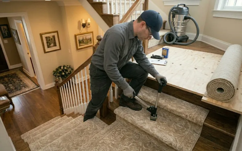 Stretch Carpet Using Knee Kicker